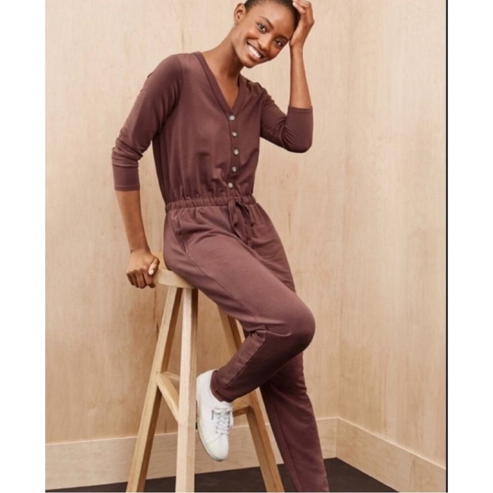 Garnet Hill Traverse Knit Button Front Long Sleeve Tencel Jumpsuit Mahogany